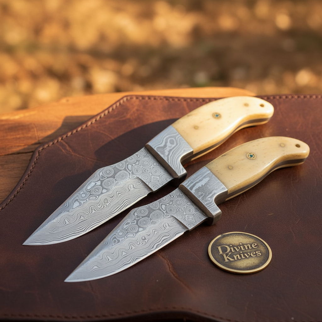 Camel Bone Harpoon Damascus Skinner Set with Matched Pair