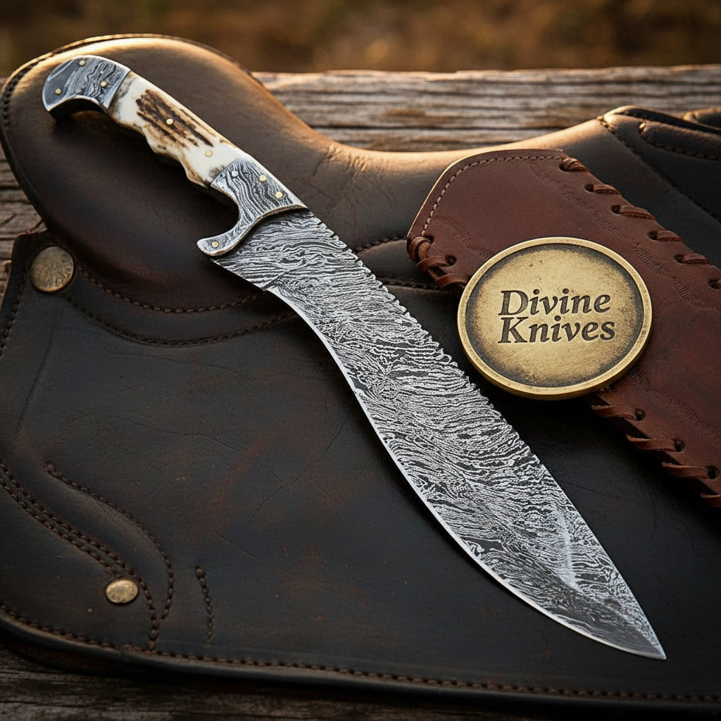 Staghorn Damascus Sawback Big Hunting Bowie for Heavy Field Work Meta Description
