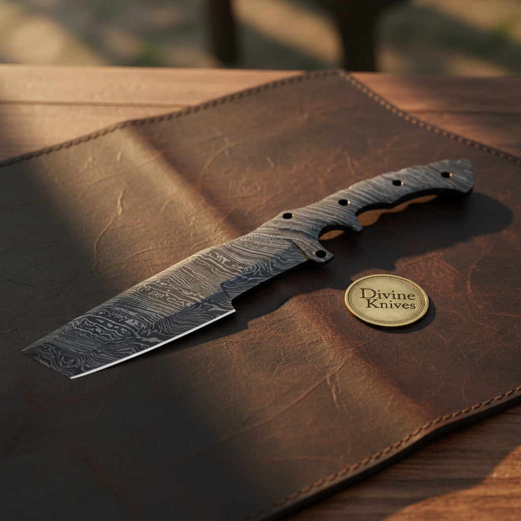 Skeletonized Tanto Blade Blank with Contoured Grip Cutouts for Custom Knife Builds