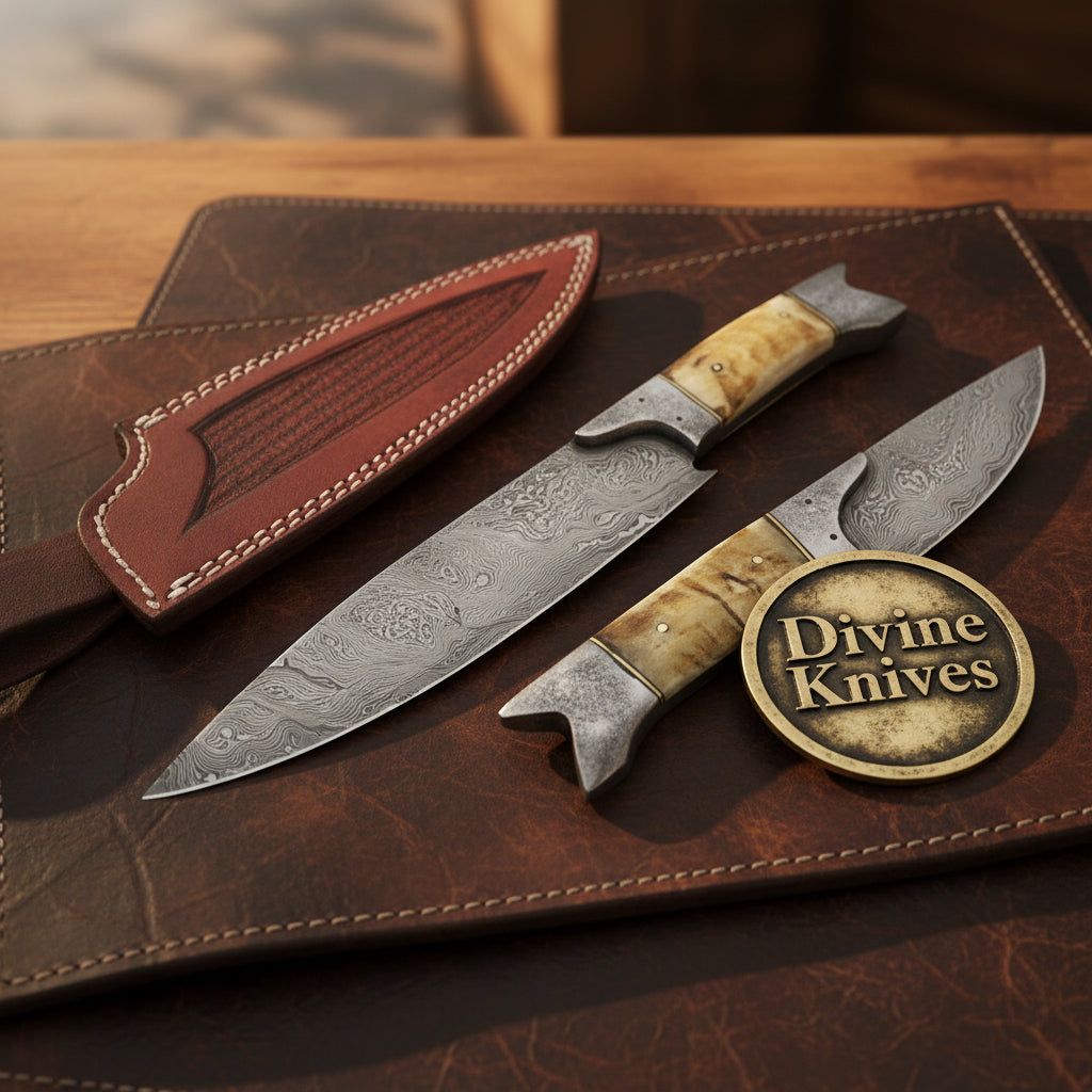 Damascus Fish Bolster Hunting & Skinning Knife Set with Ram Horn Handles
