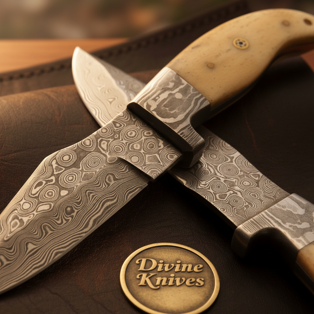 Bone Handle Hunting Knife Set with Two Hand Forged Blades and Shared Leather Roll