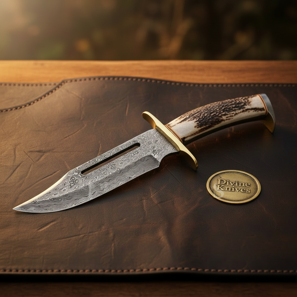 Staghorn Damascus Rambo Bowie with Dual Slots for Heavy Field Work