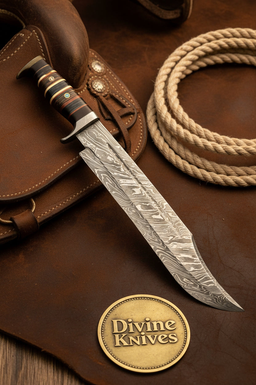 Damascus Prairie Wolf Bowie with Stacked Layered Handle