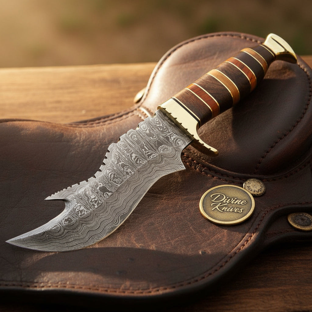 Stacked Handle Damascus Upswept Dundee Bowie with Tooth Saw Spine