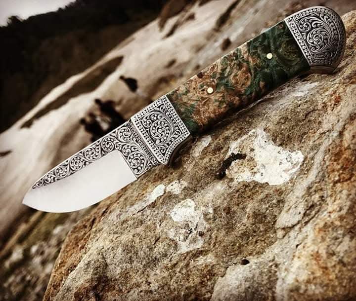 Engraved D2 Hunting Knife with Cut Scrollwork and Burl Wood Handle