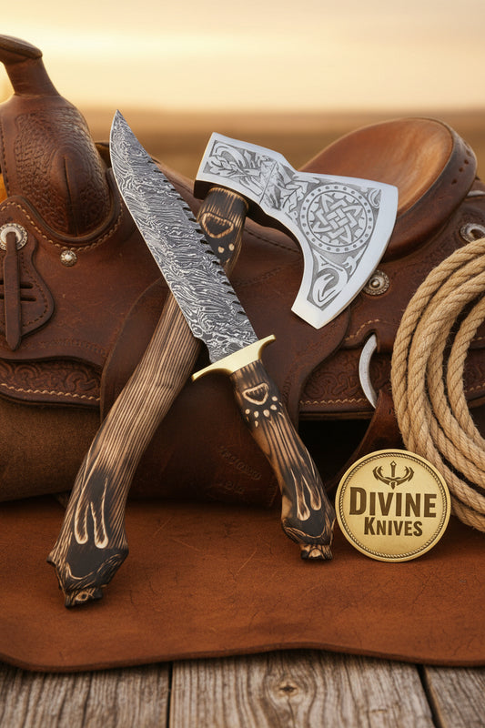 Wolf Head Damascus Bowie Knife with Matching Celtic Tomahawk Axe