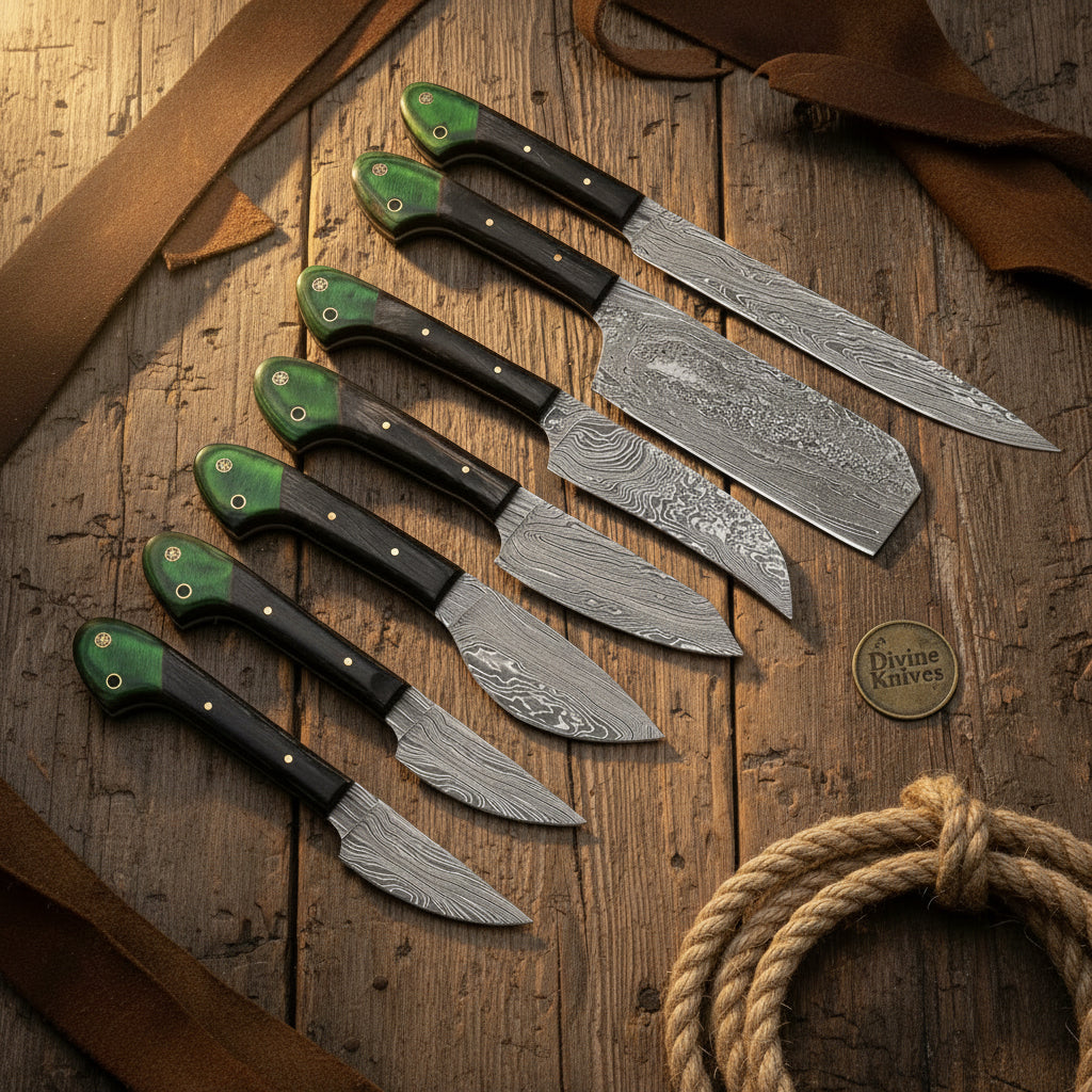 7 Piece Emerald Damascus Western Chef's Set with Black Wood Handles
