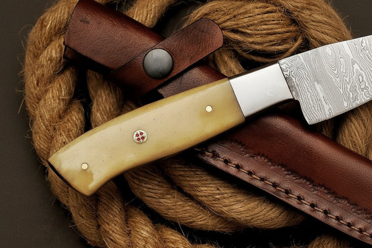Camel Bone Damascus Fillet with Single Piece Bone Handle