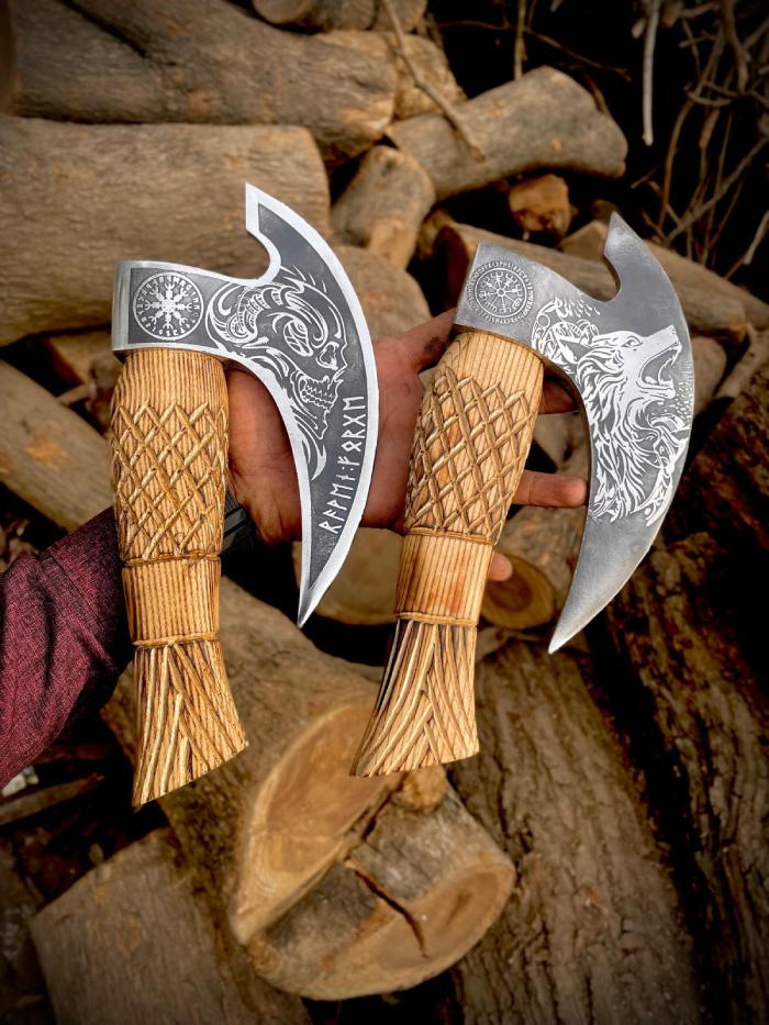 Norse Engraved Pizza Axe Pair with Skull and Wolf Heads
