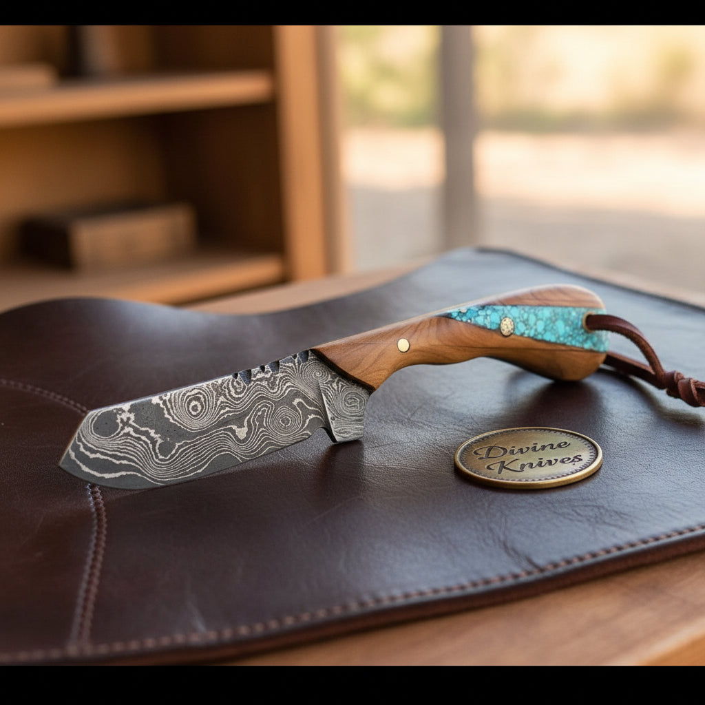 Turquoise Walnut Bull Cutter Knife with Flowing Damascus Blade