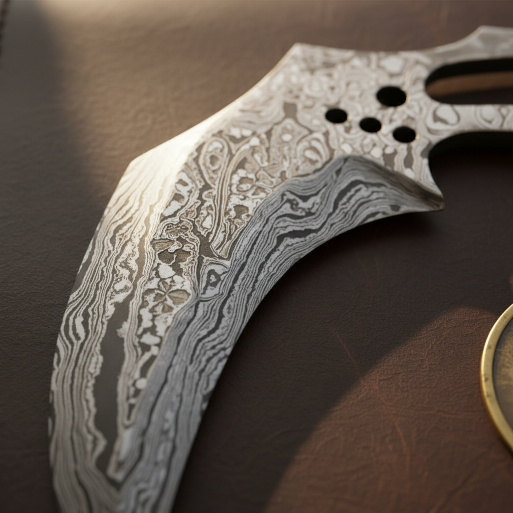 Skeletonized Karambit Blade Blank with Finger Ring and Hand Forged Layered Pattern