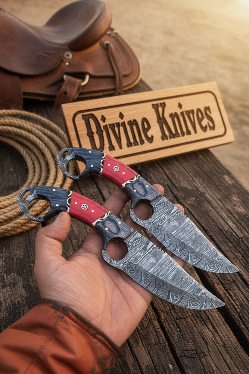Double Ring Damascus Skinner Set with Feather Blades