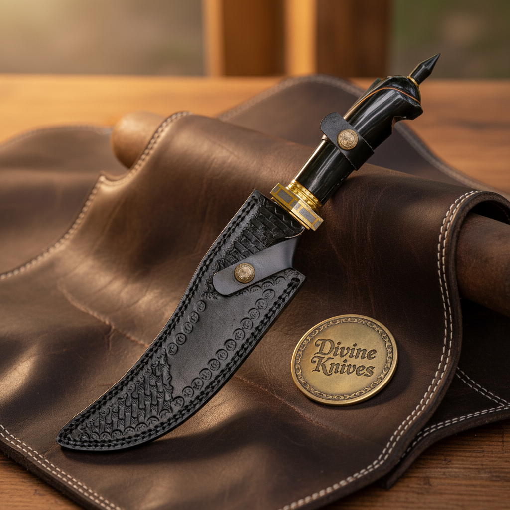 Buffalo Horn Persian Dagger with Mirror Polished Curved Blade and Tooled Black Sheath