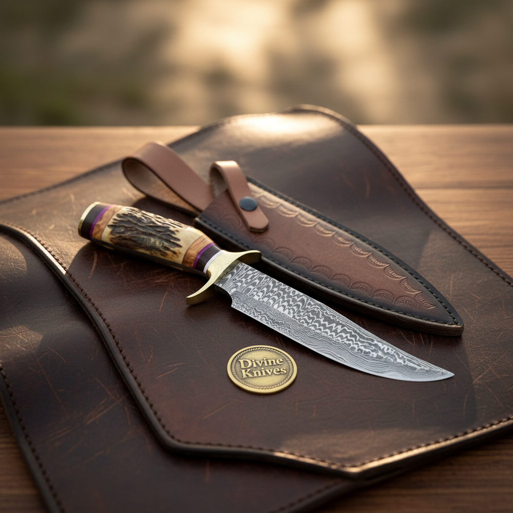 Stag Horn Segmented Damascus Classic Bowie with Banded Handle