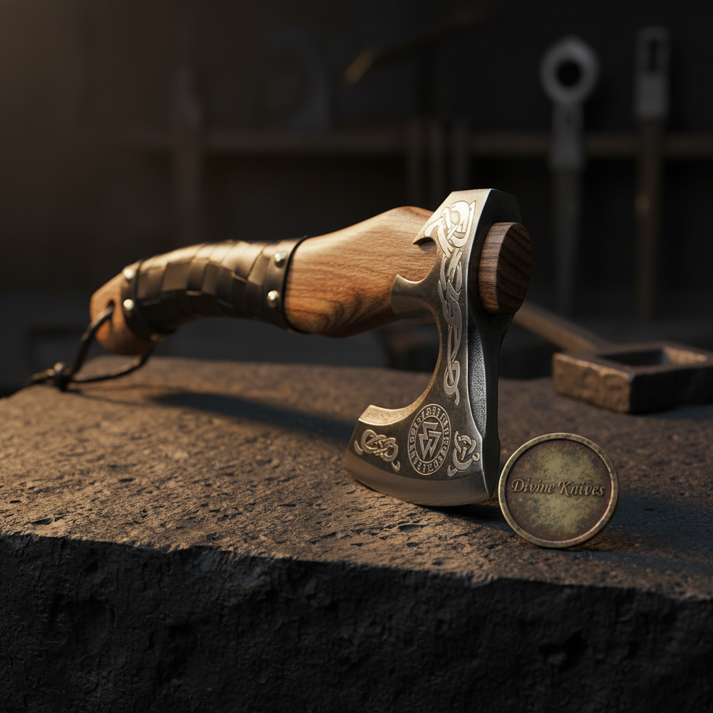 Valknut Viking Axe — Hand-Forged Hatchet with Leather-Wrapped Handle
