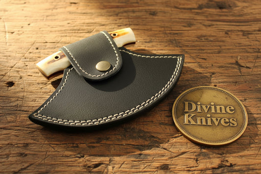 Damascus Stag Horn Alaskan Ulu with Raindrop Damascus Crescent Blade