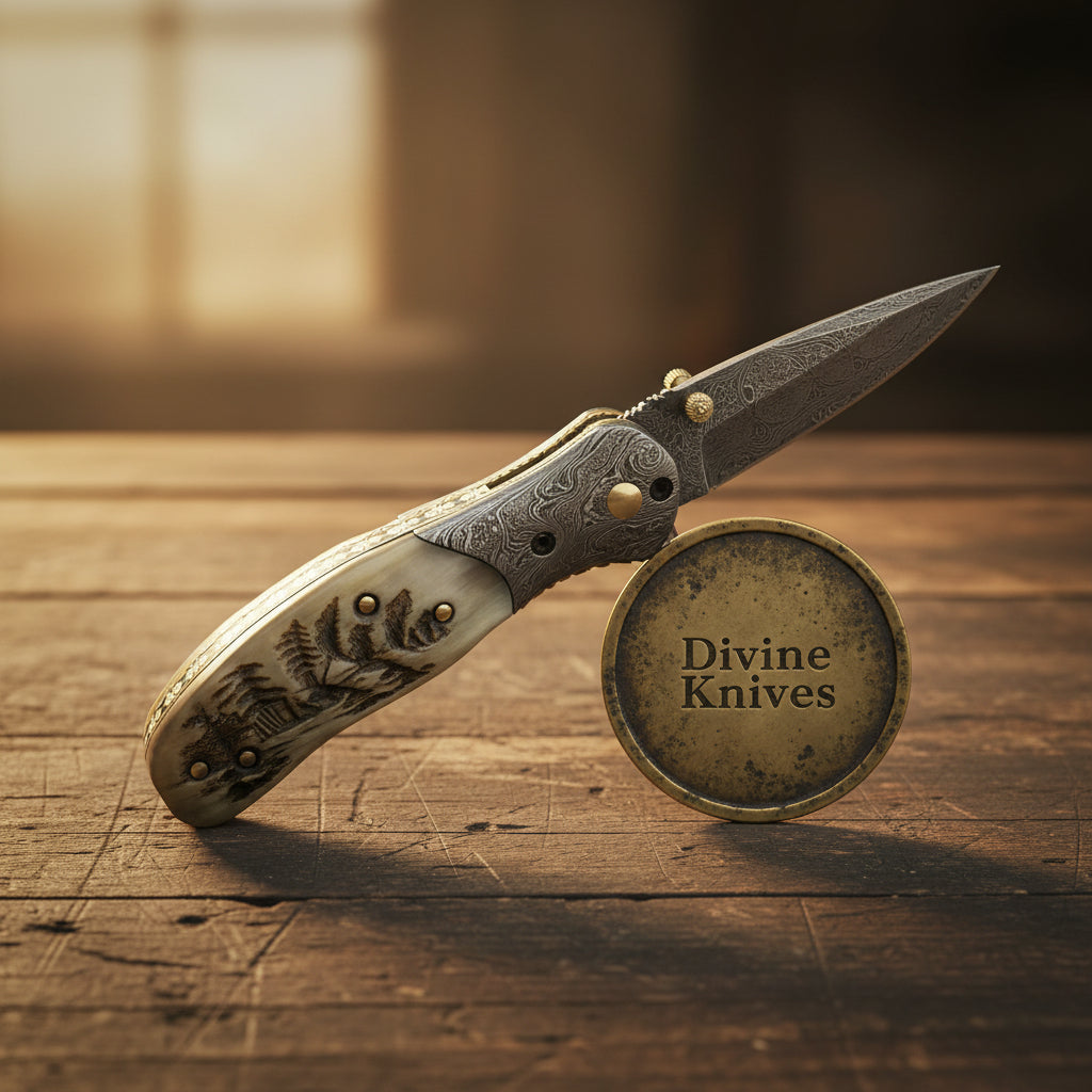 Horn Ridge Pocket Knife with Wood Grain Damascus Blade