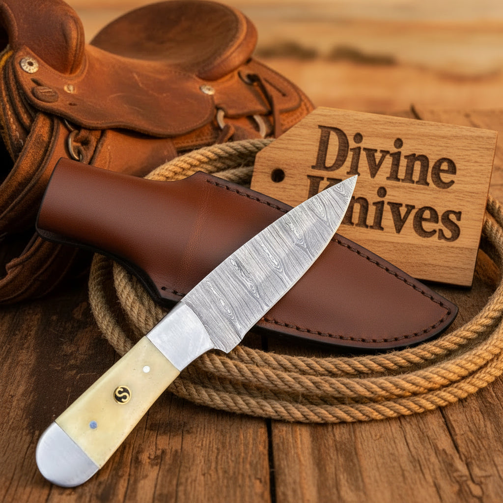 Ivory Bone Cap Cowboy Knife with Wood Grain Damascus Blade