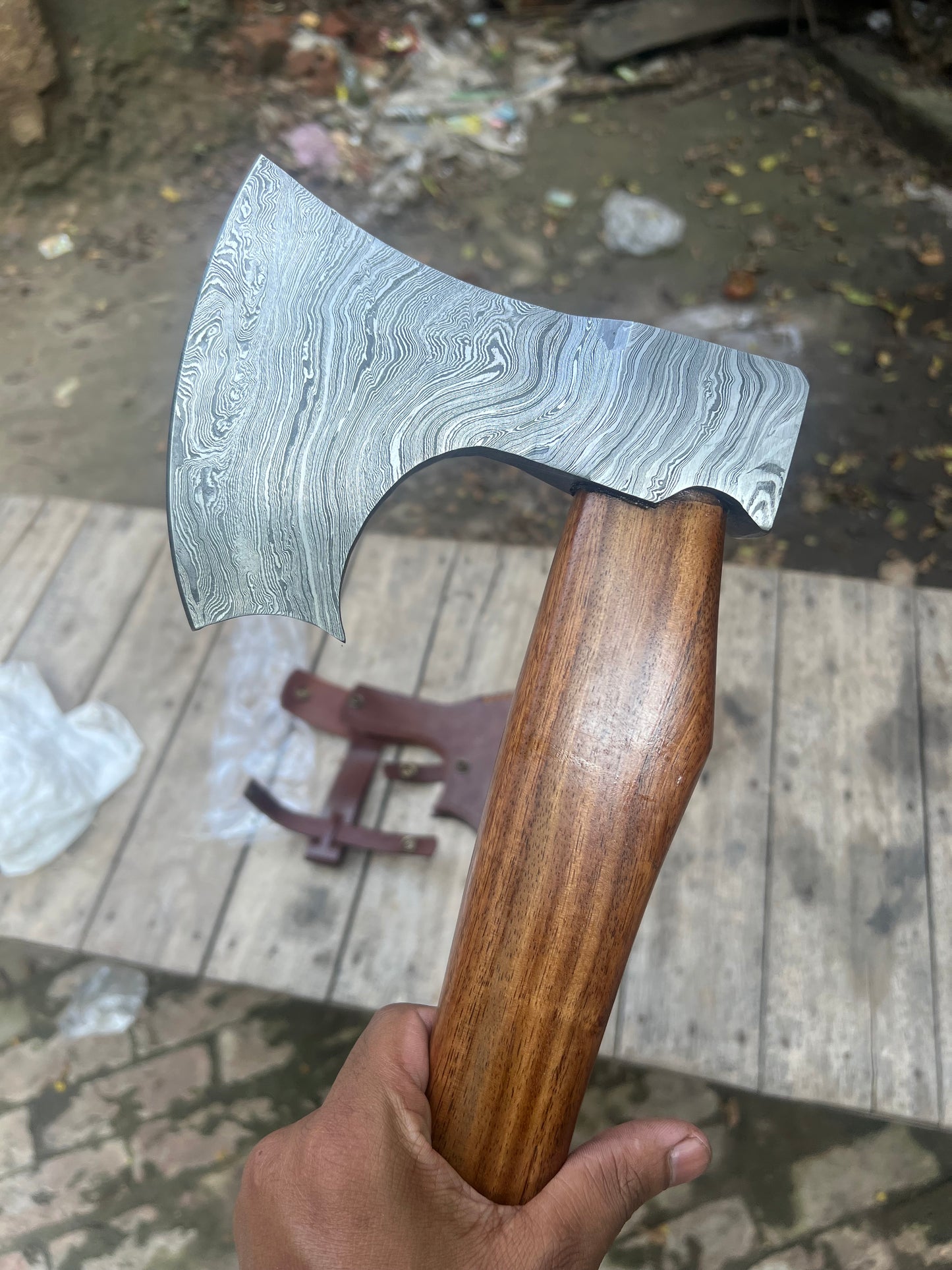 Damascus Viking Bearded Hatchet with Bare Wood Haft