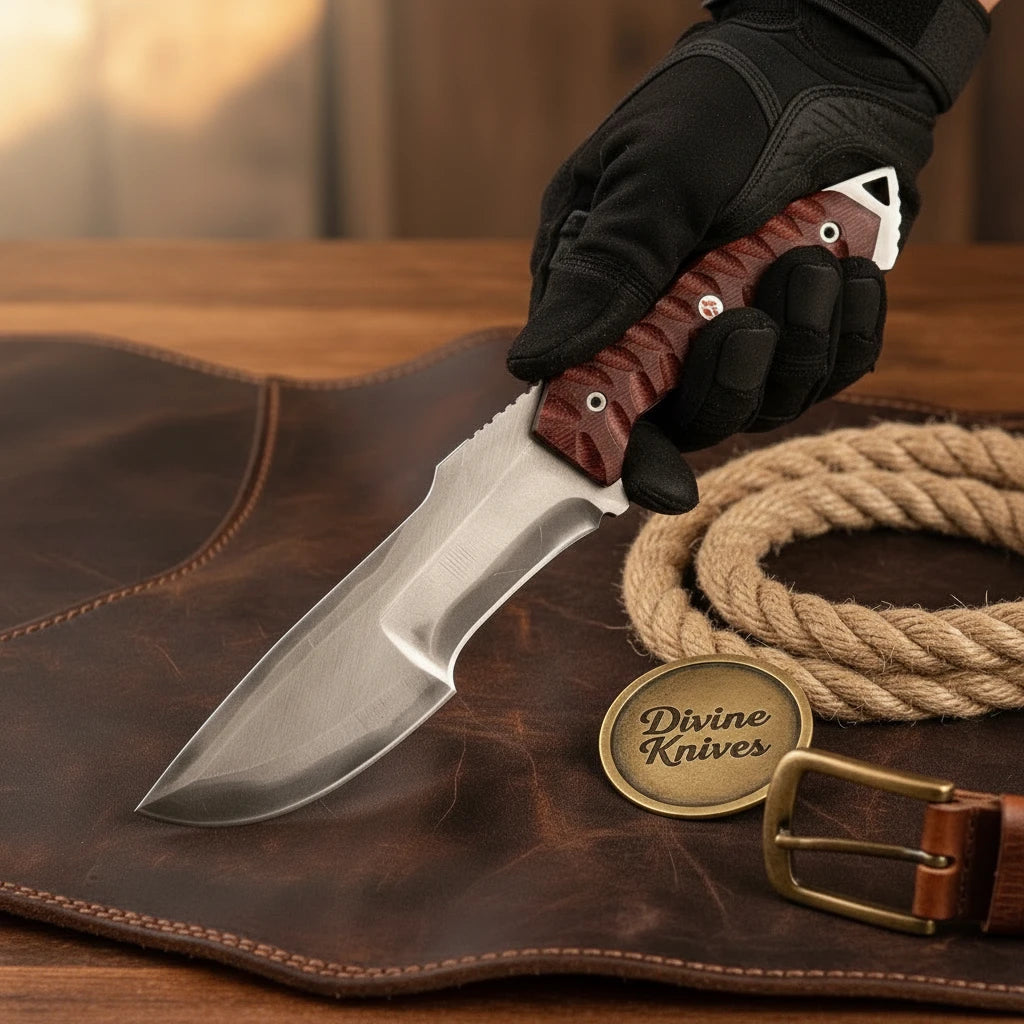 Maroon Micarta Carbon Steel Tracker Knife with Textured Grip