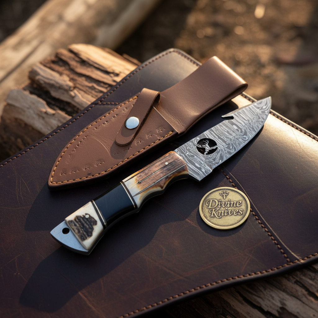 Deer Silhouette Gut Hook Knife with Cutout Blade Artwork and Stag Bone Handle
