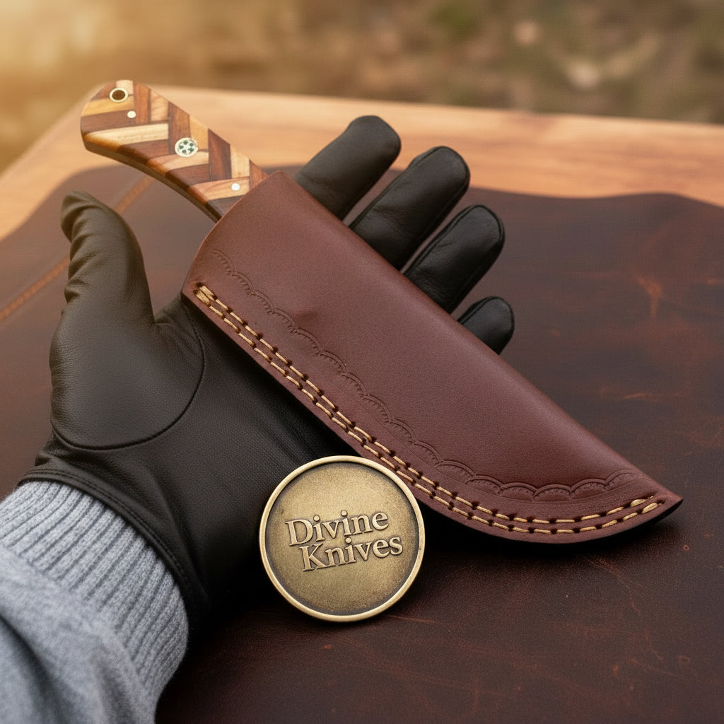 Herringbone Wood Damascus Drop-Point Hunter with Precision Wood Handle