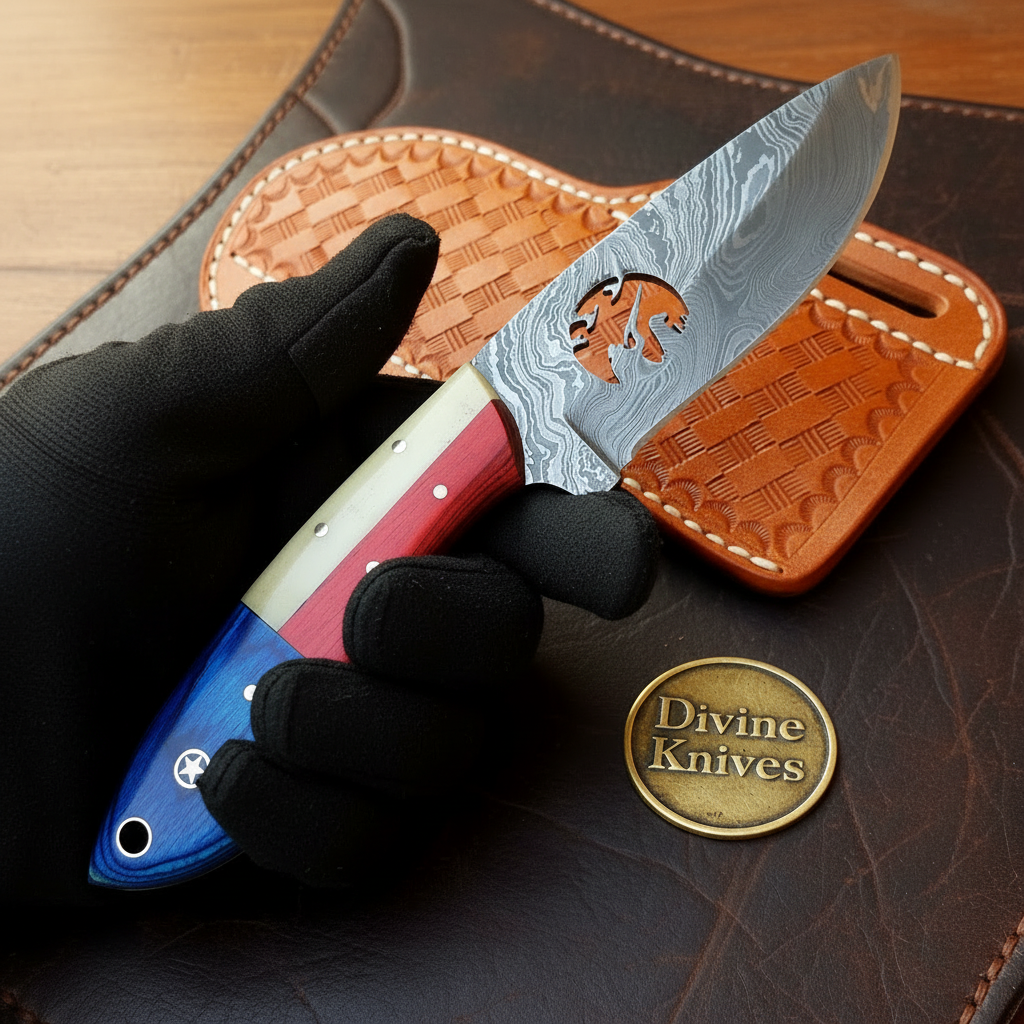 Duck Hunter Cutout Texas Flag Damascus Skinner for Hunting and Field Work