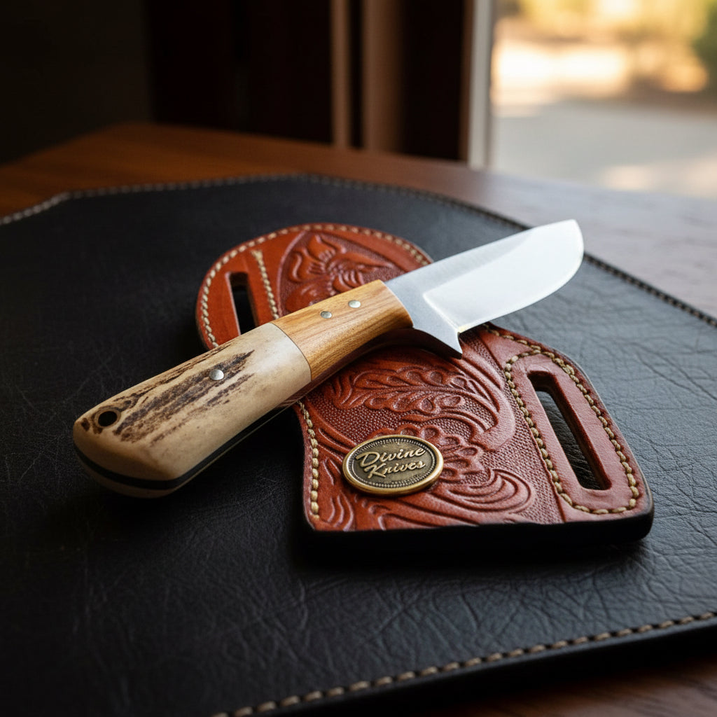 Stag Horn & Wood Drop Point Hunter with Natural Mixed Handle