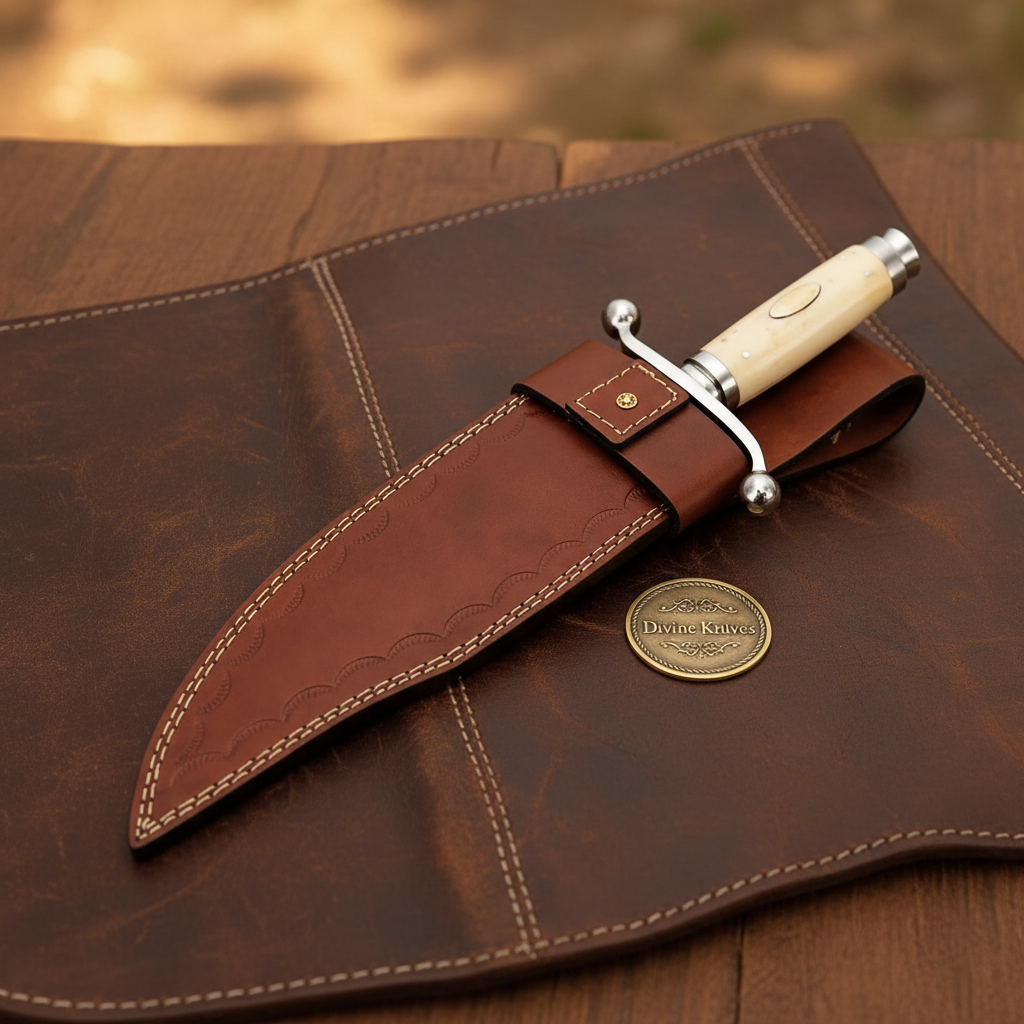 Bone Handle Bowie Knife with Mirror Finished Blade and Hand Stitched Leather Sheath