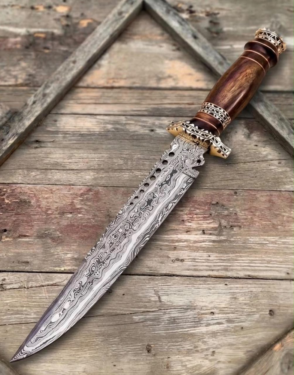 Ornate Filigree Damascus Bowie with Pierced Spine and Burl Wood Handle