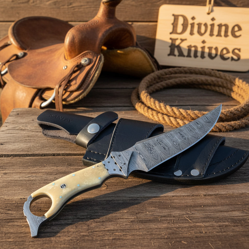 Bone Ringtail Hunting Knife with Damascus Blade