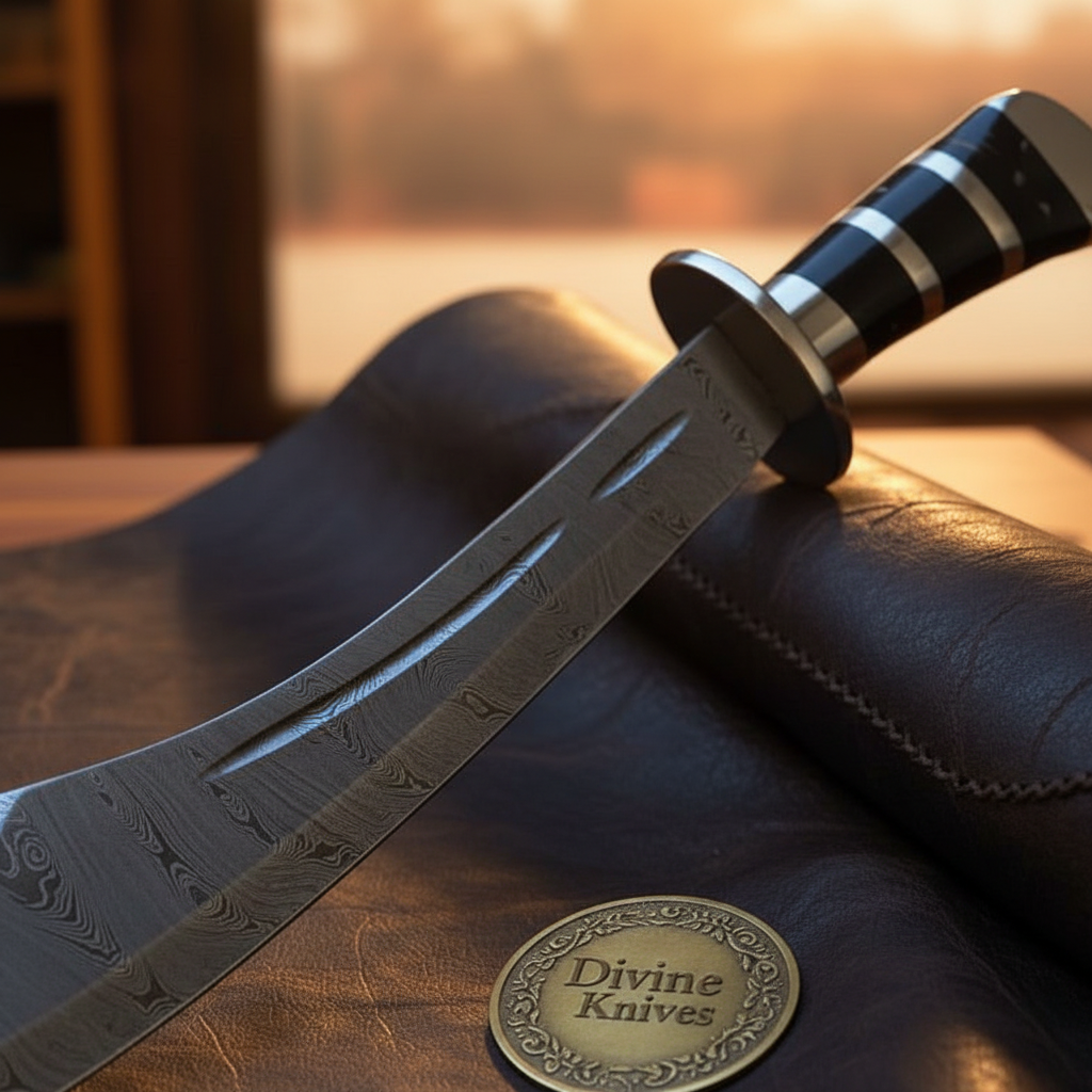 Striped Horn Handle Scimitar Bowie Knife with Sweeping Curved Damascus Blade