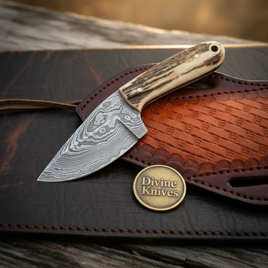 Stag Horn Big Belly Damascus Skinner with Wood-Grain Pattern Blade