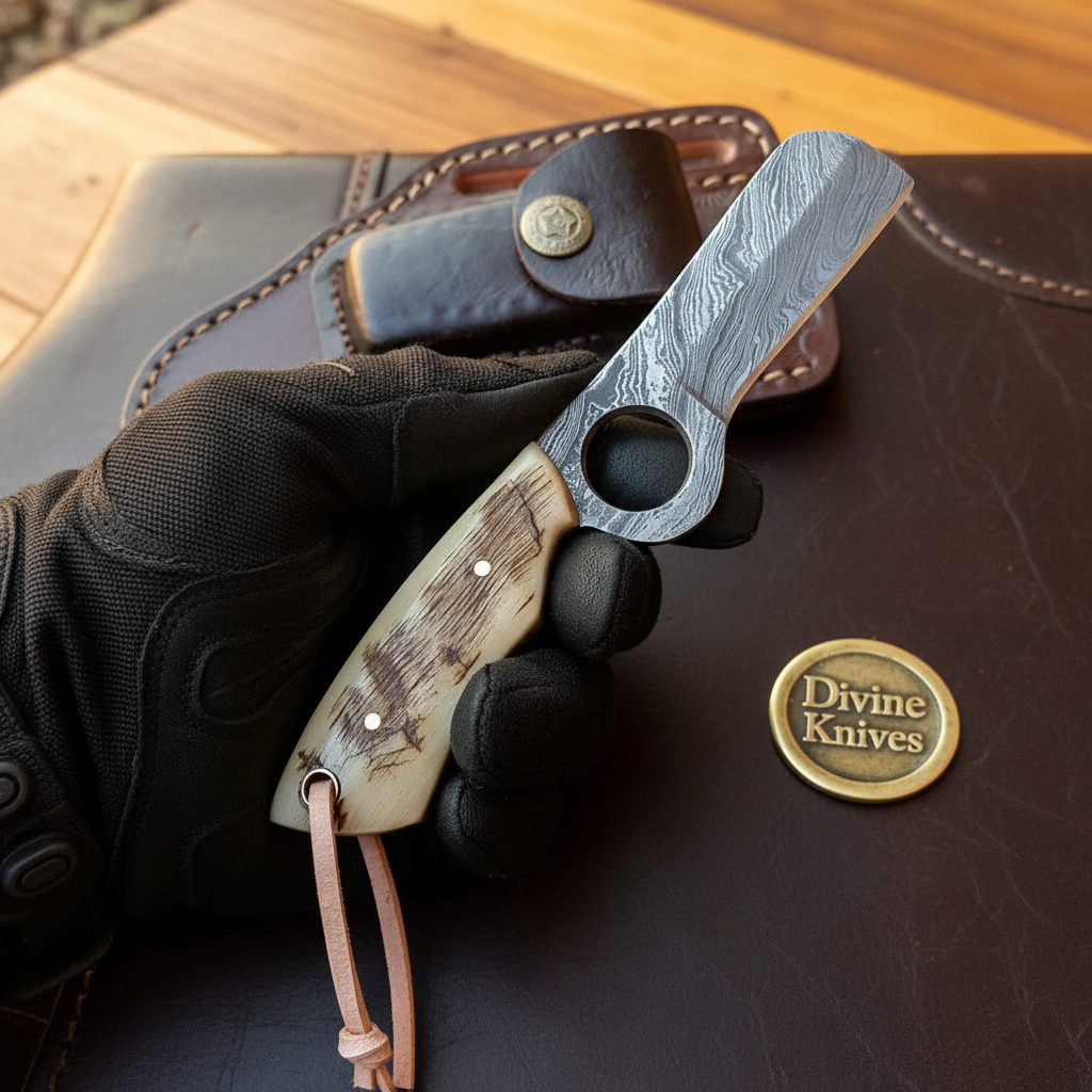 Loop Hole Ram Horn Damascus Bull Cutter with Compact Layered Blade