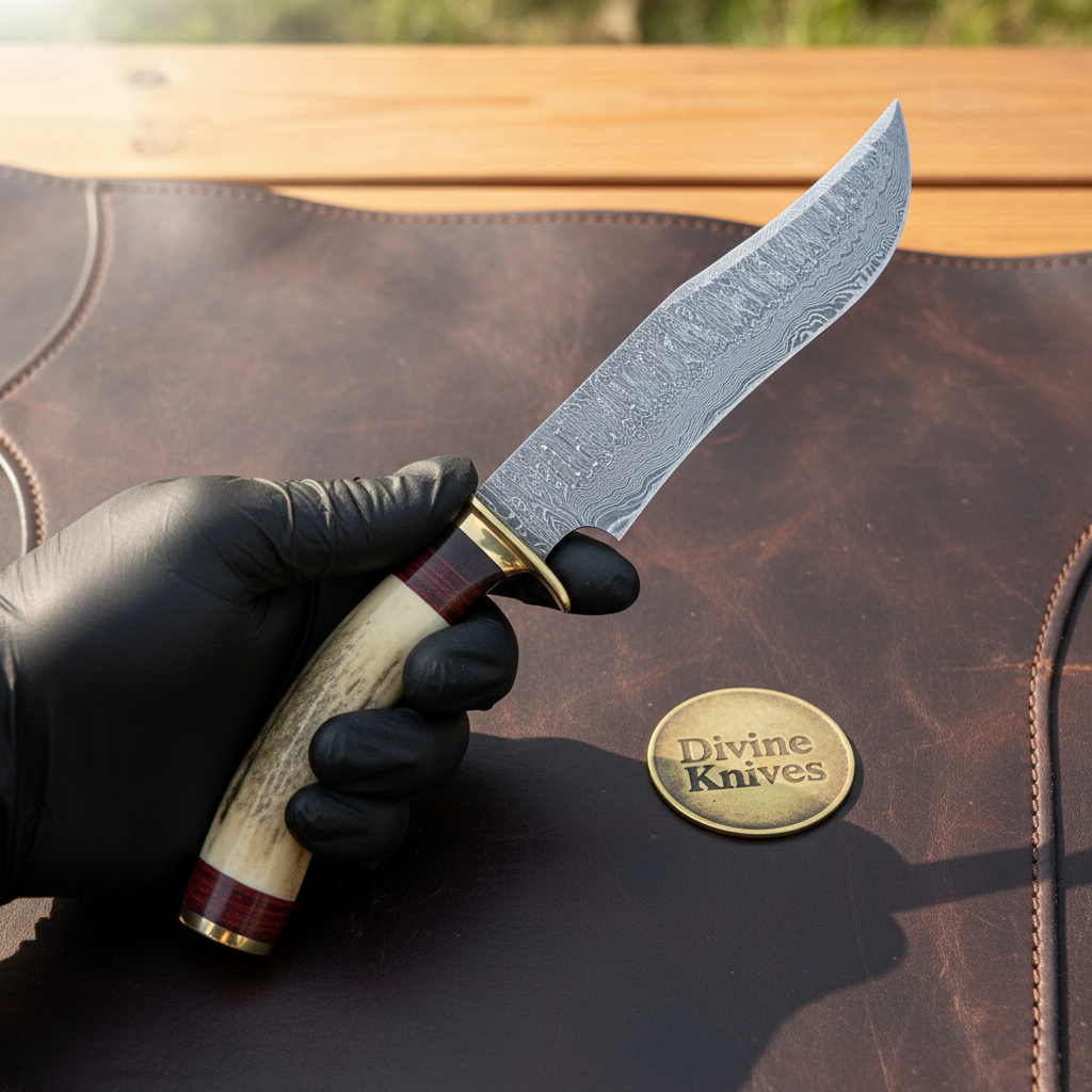 Trailing Point Hunter Knife with Stag Horn Handle and Hand Forged Patterned Blade