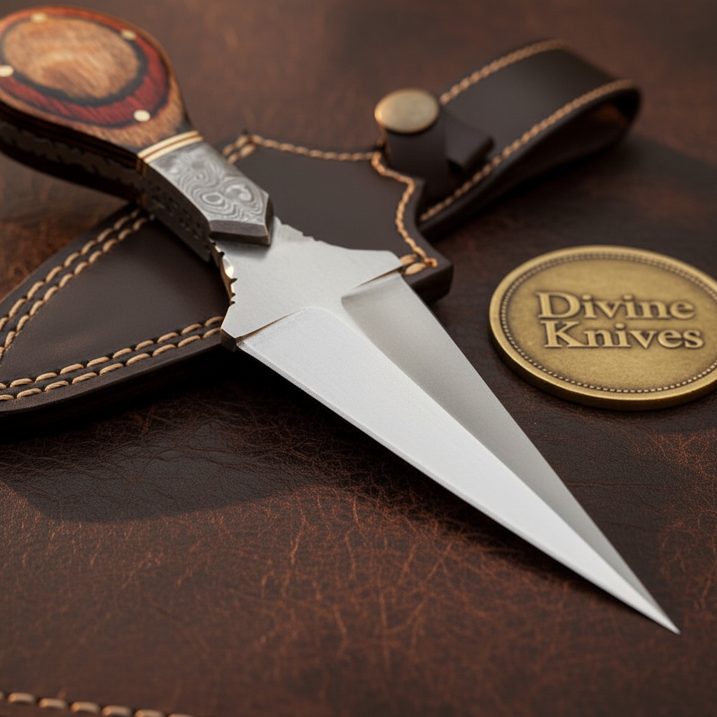 Spear Point Boot Knife with Round Layered Wood Pommel and Cross Style Leather Sheath