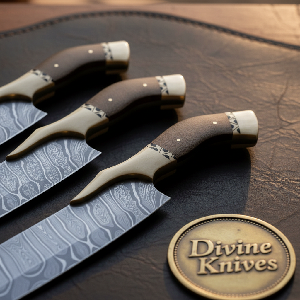 Wingcrest Bone Wing Guard Damascus Santoku Knife Set for Multi Cook Kitchens
