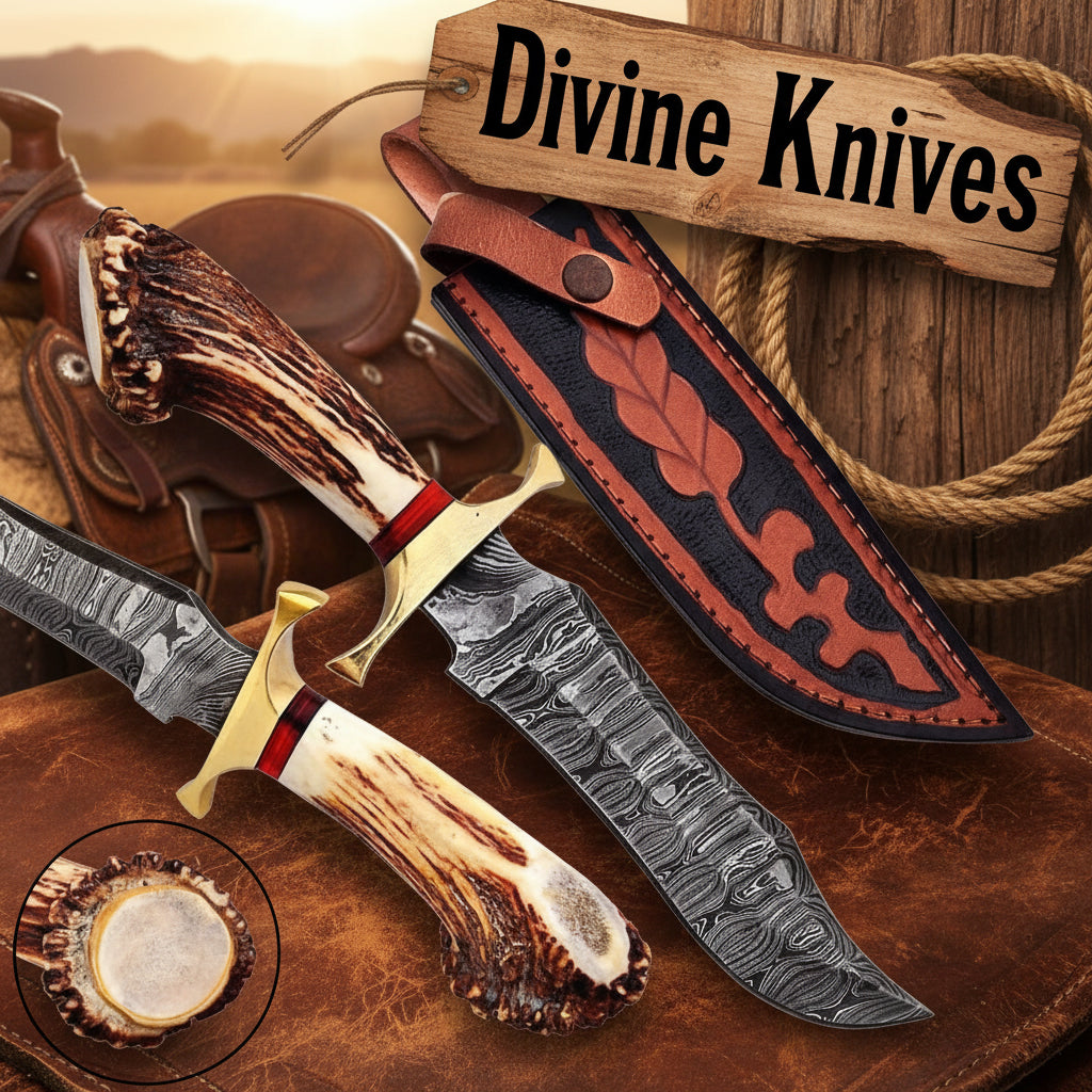 Damascus Crown Stag Bowie with Ladder Damascus Clip Point