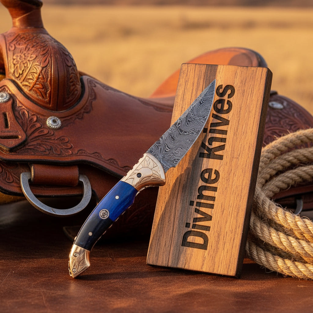 Engraved Blue Damascus Pocket Knife with Scrollwork Bolsters
