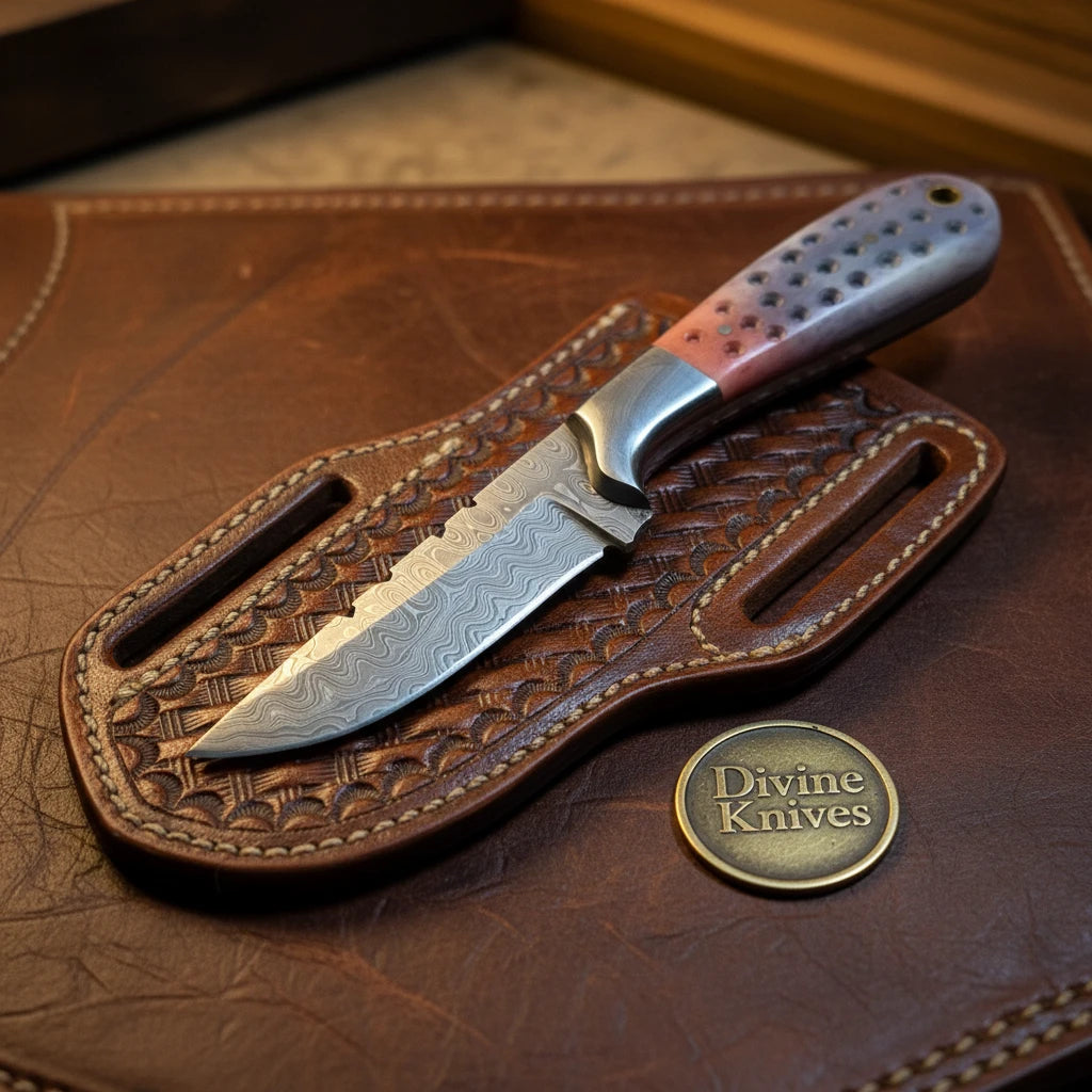 Rasp Steel Tanto Fixed Blade Knife with Studded Bone Handle for Everyday Carry and the Field