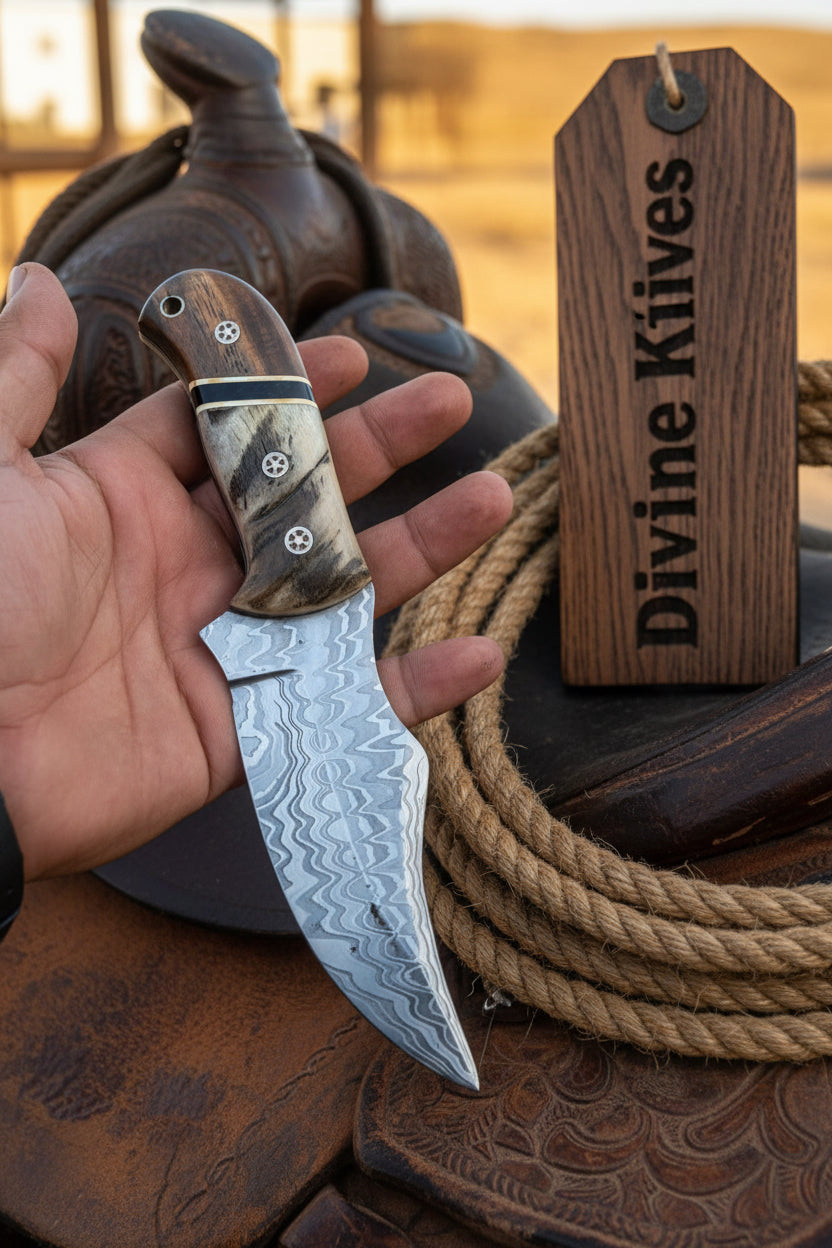 Small Cowboy Bowie with Feather Damascus Blade and Wood-Bone Handle
