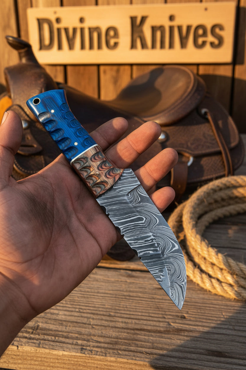 Damascus Wharncliffe Skinner Knife with Mosaic Handle