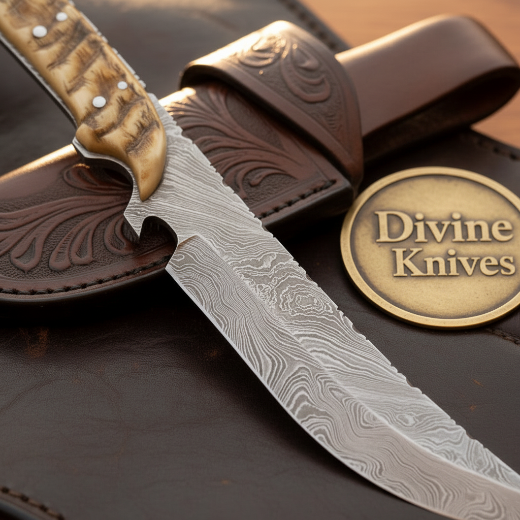 Staghorn Damascus Upswept Bushcraft Knife with Curved Blade