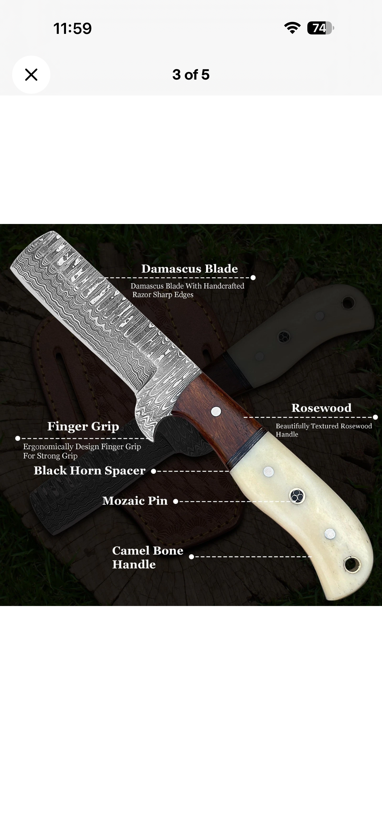 Bone and Wood Bull Cutter Knife with Wood Grain Damascus Blade