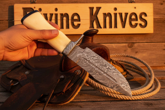 Dakota Bone Cowboy Knife with Wood Grain Damascus Drop Point Blade