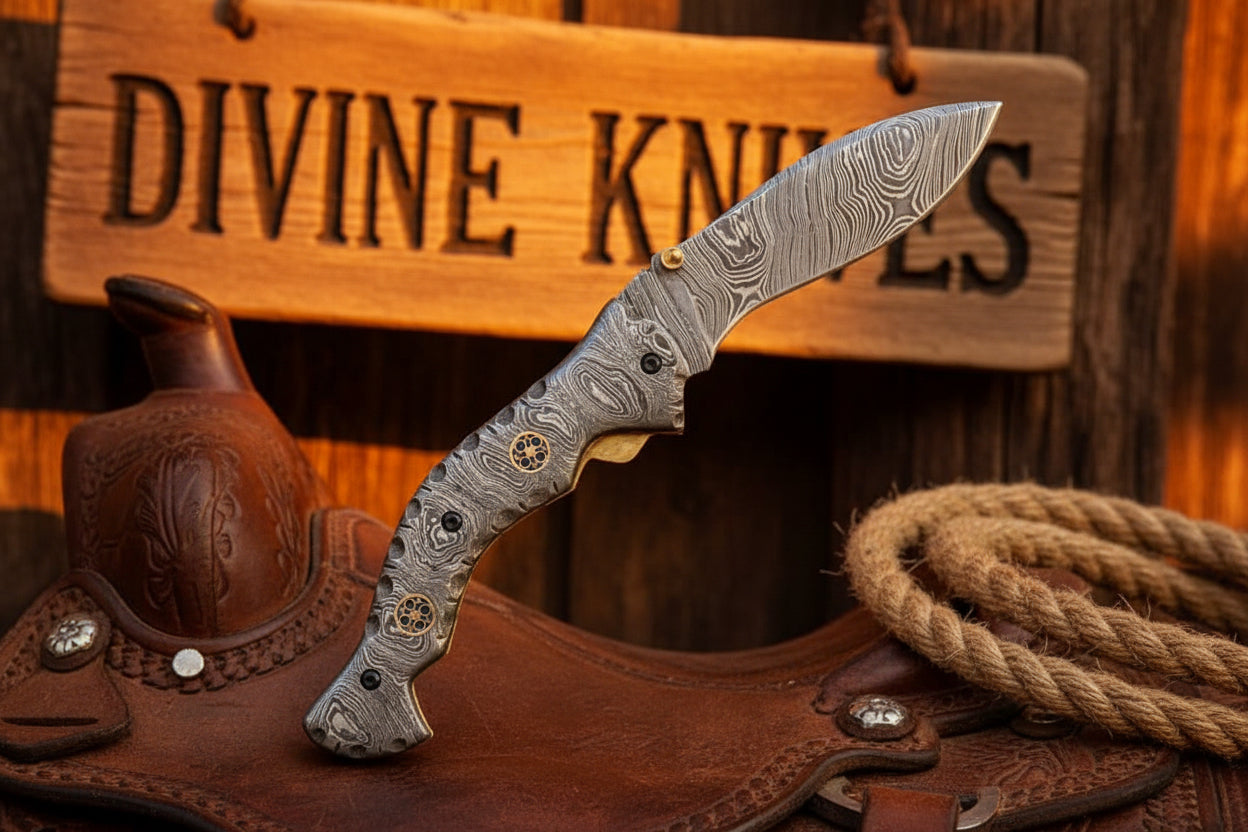 Damascus Raptor Claw Folder with Upswept Damascus Blade