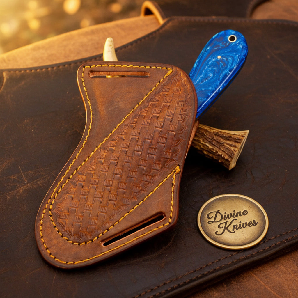 Hand-Forged Blue Resin Damascus Bull Cutter with Tooled Sheath