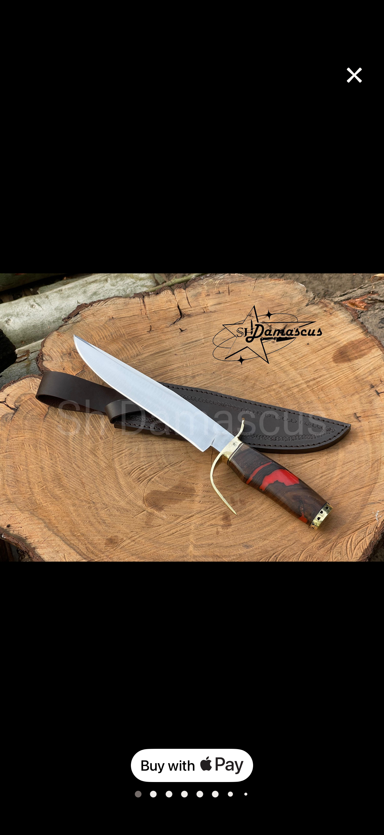 Red Micarta Handle Bowie Knife with Polished Drop Point Blade and Tooled Black Sheath
