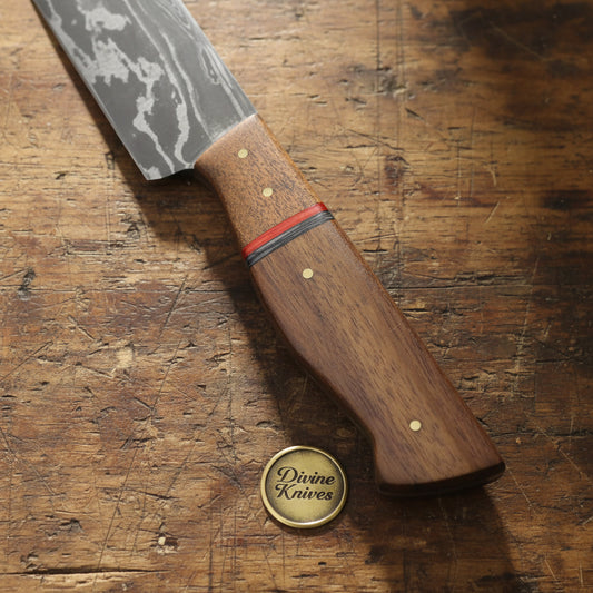 Redline Damascus Gyuto Knife with Wood Grain Blade and Red Accent Handle