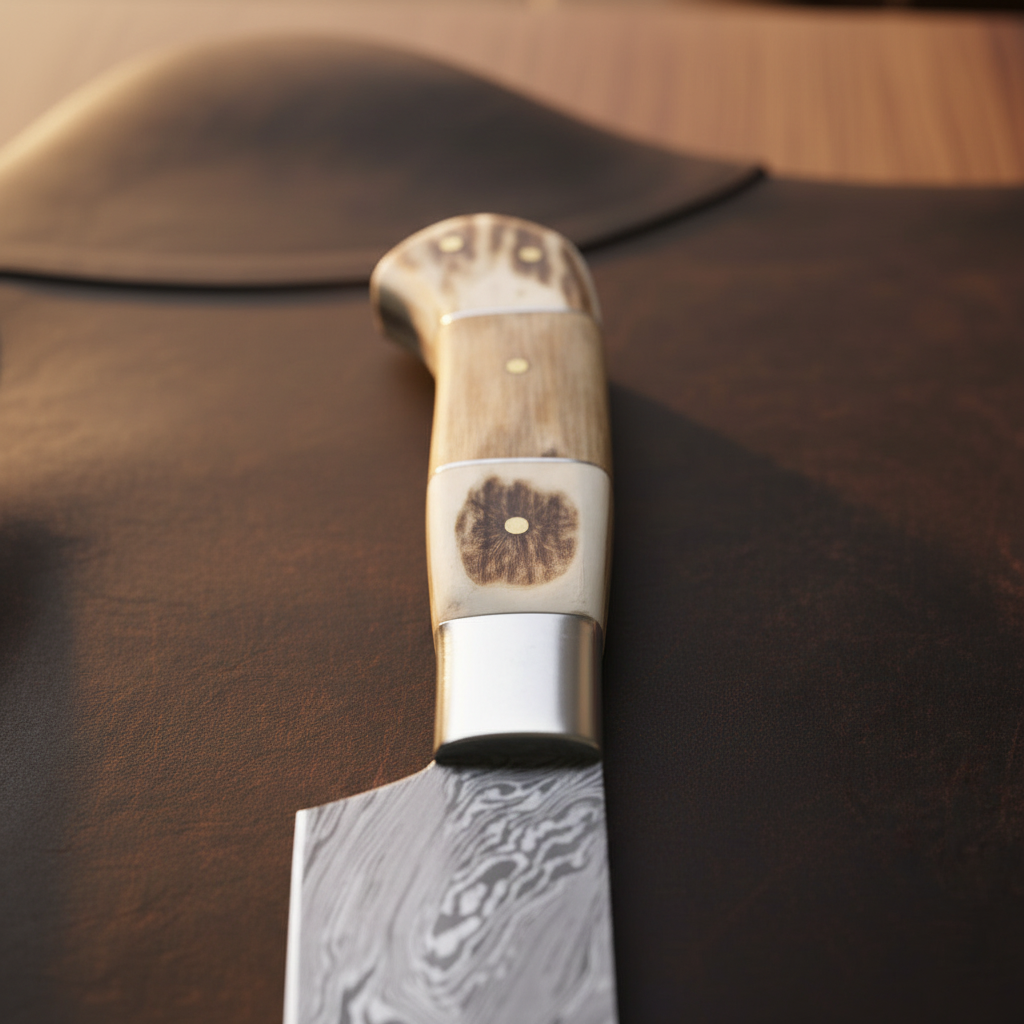 Handmade Bone Handle Chef Knife with Twin Steel Bolsters and Layered Forged Blade
